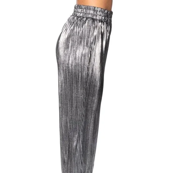 Elaine Pleats Please: Silver Metallic Palazzo Pant M - Picture 6 of 6